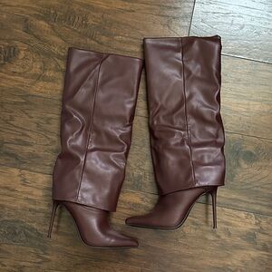 WINE FAUX LEATHER FOLD OVER CLASSIC KNEE HIGH BOOT